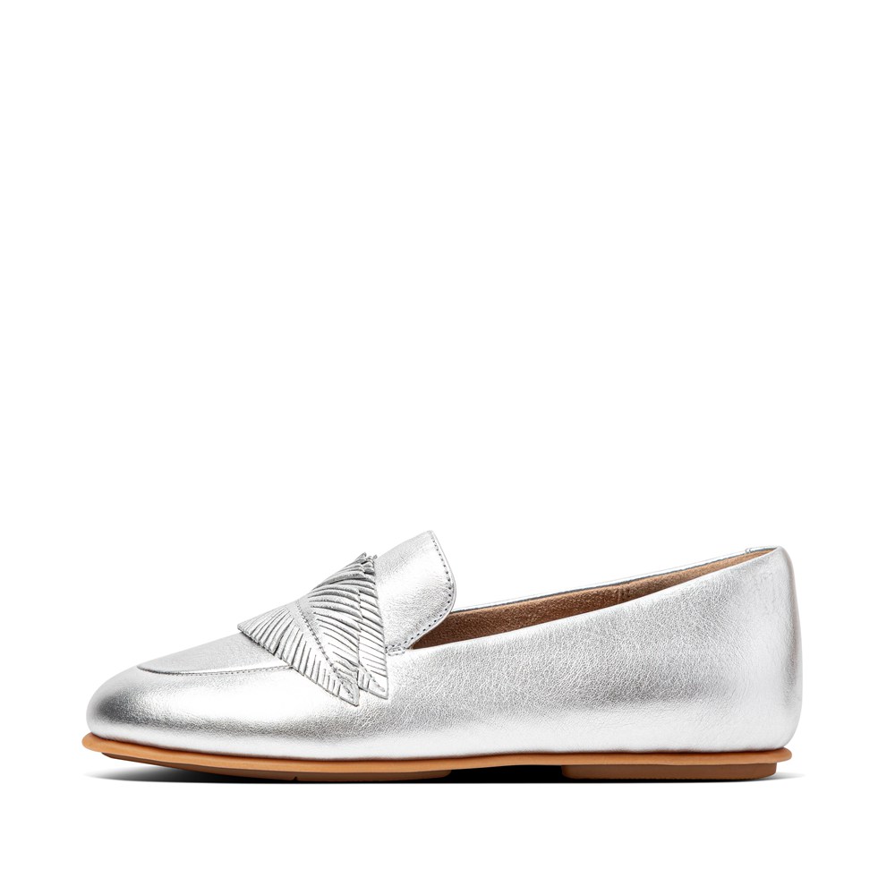 Fitflop Womens Loafers Silver - Lena Feather Metallic Leather - 47LYJGQIR